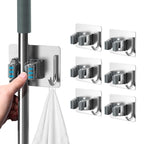 homeasy Mop Broom Holder No Drill, Mop Broom Organizer Wall Mounted Heavy Duty with Hooks Hanger, Self Adhesive Stainless Steel 6Pcs for Bathroom, Kitchen, Office (Silver)