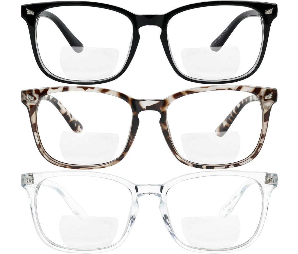 Yogo Vision Bifocal Reading Glasses for Women Men Rectangle Multifocal Readers Fashion Nerd Eyeglasses 3 Pack: Black, Clear, Grey Havana 2.5