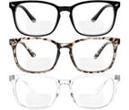 Yogo Vision Bifocal Reading Glasses for Women Men Rectangle Multifocal Readers Fashion Nerd Eyeglasses 3 Pack: Black, Clear, Grey Havana 2.5
