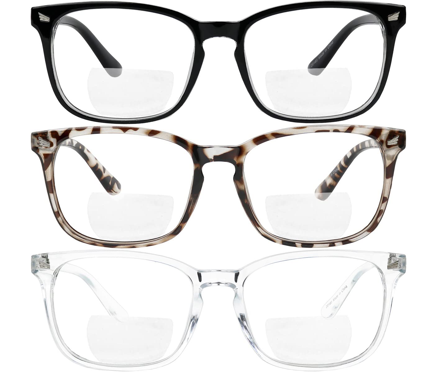 Yogo Vision Bifocal Reading Glasses for Women Men Rectangle Multifocal Readers Fashion Nerd Eyeglasses 3 Pack: Black, Clear, Grey Havana 2.5
