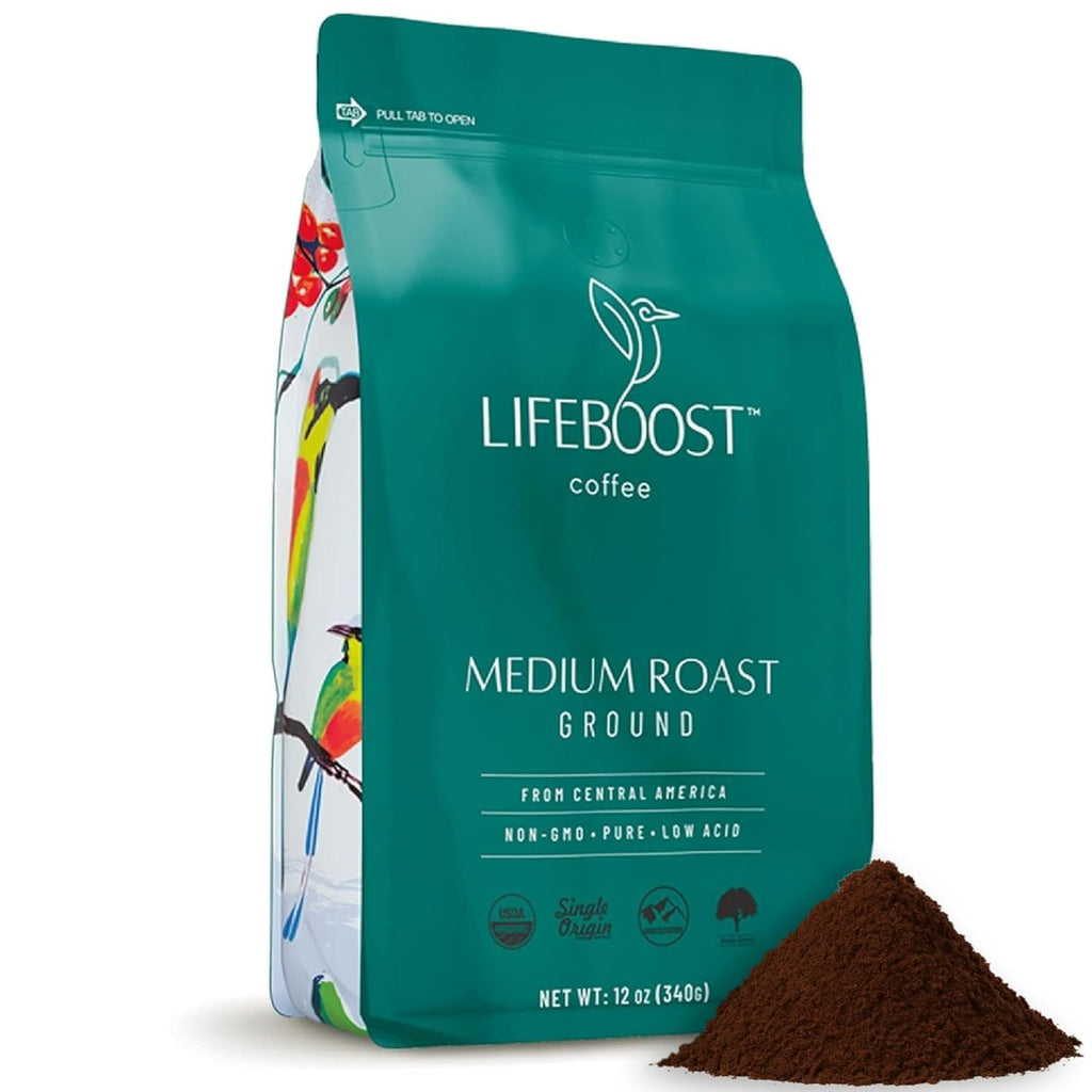 Lifeboost Medium Roast Low Acid Ground Coffee, Certified Organic, 12oz