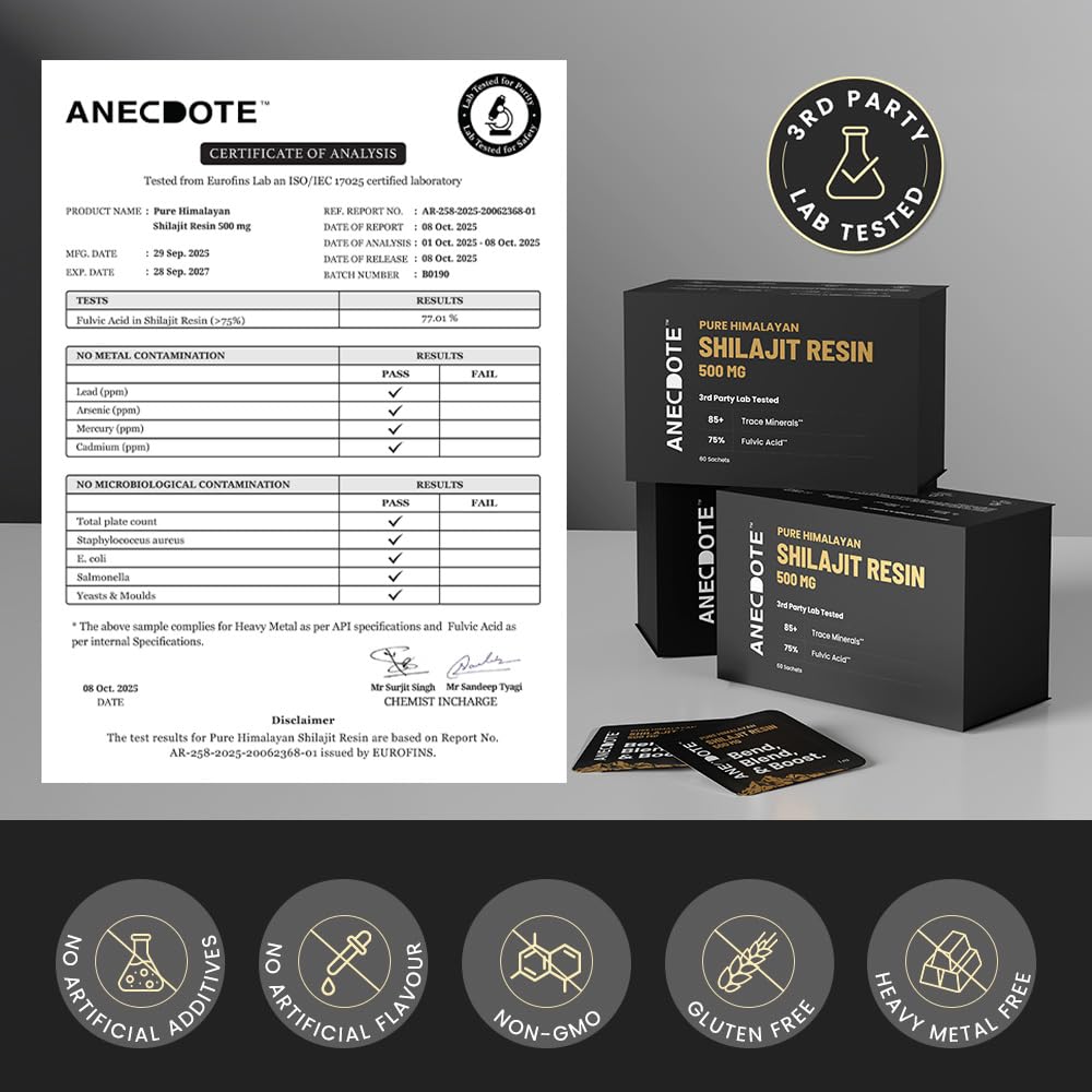 ANECDOTE Himalayan Shilajit Resin Cards 500mg | Boosts Stamina | Increases Productivity | 75% Fulvic Acid, 85+ Trace Minerals | No Added Sugar | Pack of 60