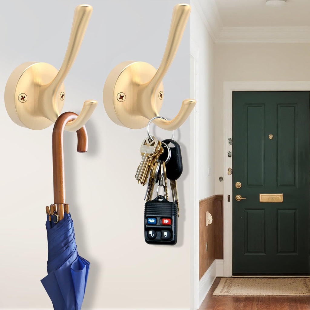 TOFIIGREM Gold Coat Hooks for Wall, 2 Pack Heavy Duty Towel Robe Hooks, Hats Hooks for Entryway Cubicle Closet Mudroom Bathroom Garage