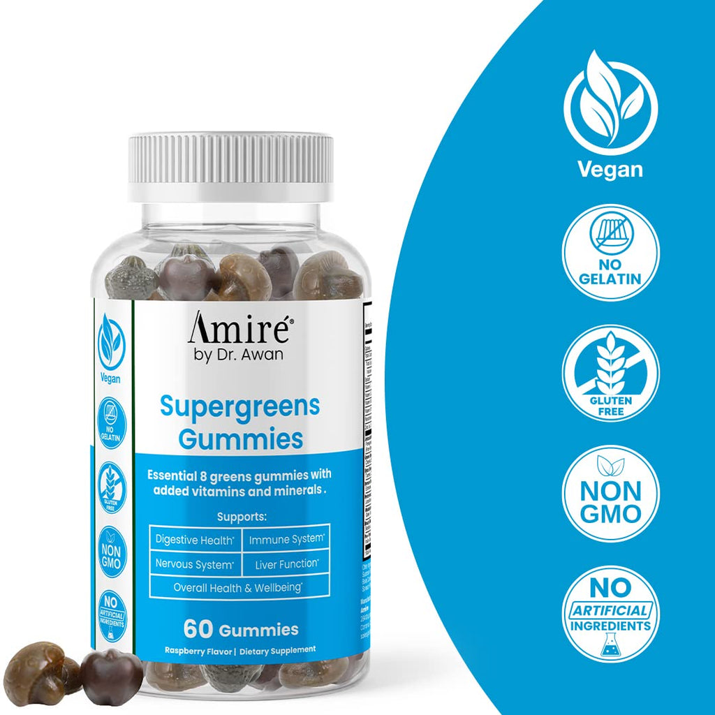 Amire by Dr. Awan Super Greens Gummies, Fruits & Veggies Supplement, Green Superfood for Immunity, Metabolism, Liver Function & Nervous System, Essential 8 Greens, 240ct, 4-Months Supply