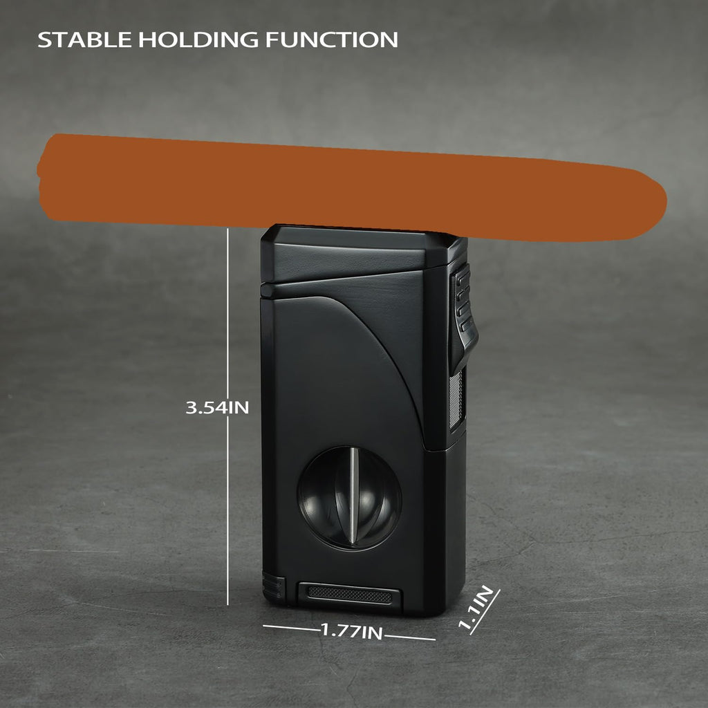 All in One Triple Jet Flame Butane Torch Lighter Built-in Cutter, Cutter V Cut, Punch, Holder Function, Draw Enhancer Tool, Refillable and Adjustable Windproof Lighter. Black(Sold Without Gas)