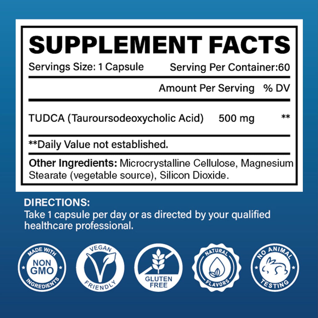 TUDCA 500mg Supplement, Liver and Gallbladder Support, Genuine Purified Bile Salts with Bitter Taste, Vegan, Gluten Free, Non GMO - 60 Capsules