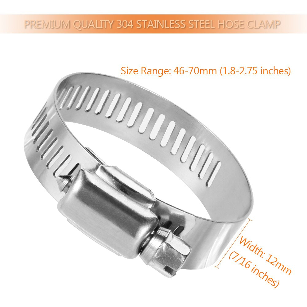 Hose Clamp, 20 Pack Stainless Steel Adjustable 46-70mm Size Range Worm Gear Hose Clamp, Fuel Line Clamp for Plumbing, Automotive And Mechanical Application