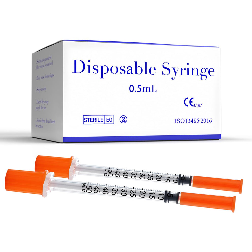 0.5ml Syringes with 30G 5/16 Inch Cap,U-100 5/16" 8mm Disposable Lab Syringe for Scientific,Individually Wrapped, Pack of 100