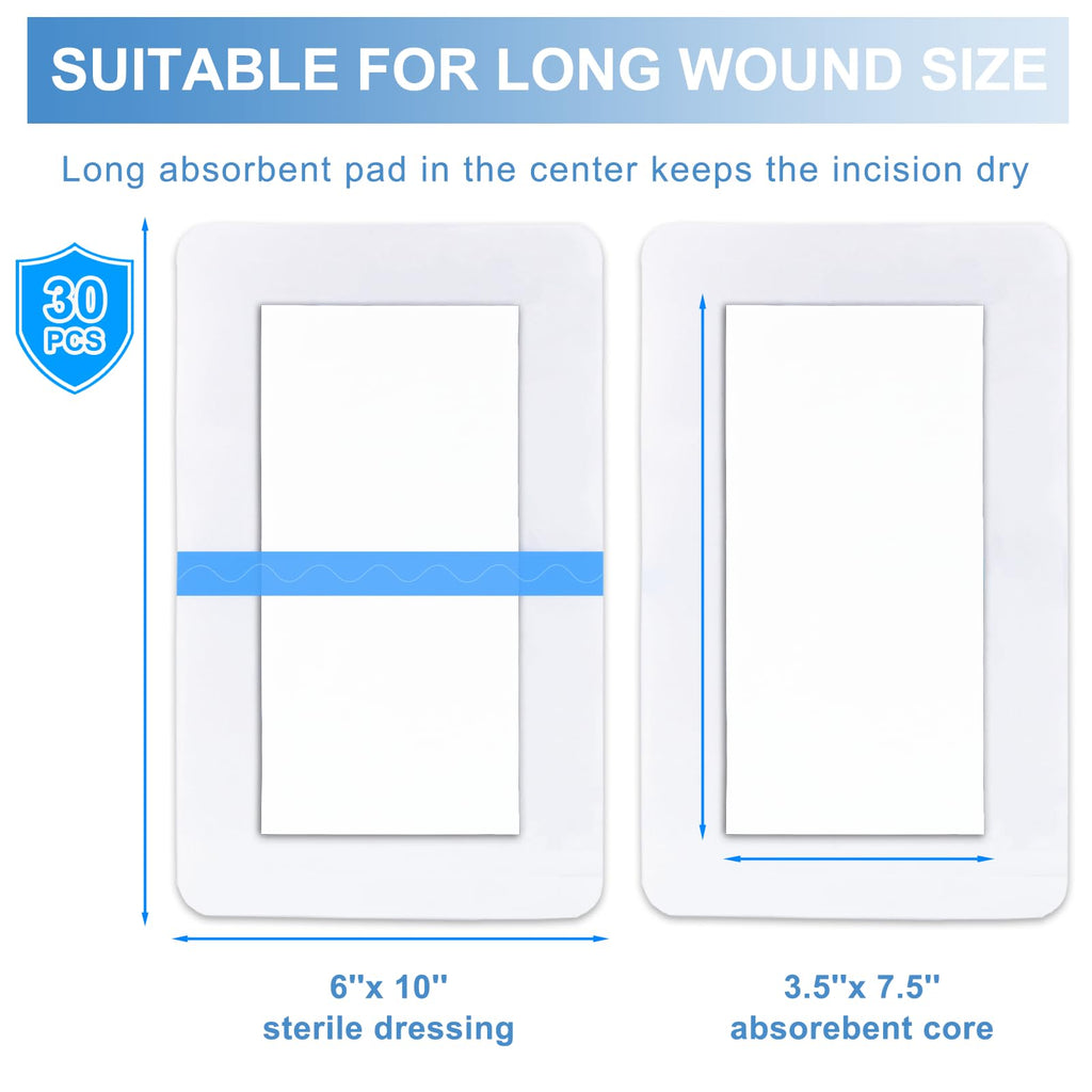 30 Pack 6"x10" Waterproof Adhesive Island Dressing for Post-Surgery Recovery | Sterile Bordered Gauze Bandages with Non-Stick Pad for Knee/Hip Replacement, Surgical Incision Care & Shower Protection