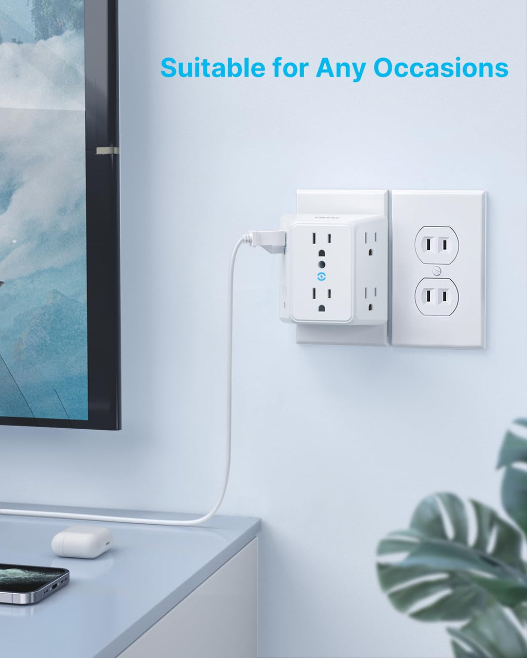 VINTAR 2 Prong to 3 Prong Outlet Adapter, 6 Outlet Widely Spaced Extender, 2 to 3 Prong Adapter, Polarized Plug, 1875W Wall Charger Surge Protector, Mountable Wall Tap for Non Grounded Outlets,3 Pack