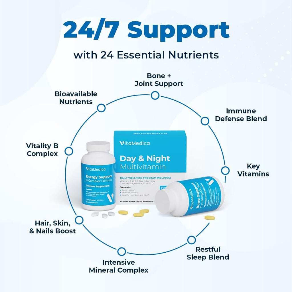 Multivitamin Day & Night Routine | Energy & Mental Clarity, Bones & Joints, Beauty, Restful Sleep | 30-Day Supply | Vitamins A, C, D, E, B-Complex | Magnesium, Biotin, Zinc, Botanicals, & Minerals