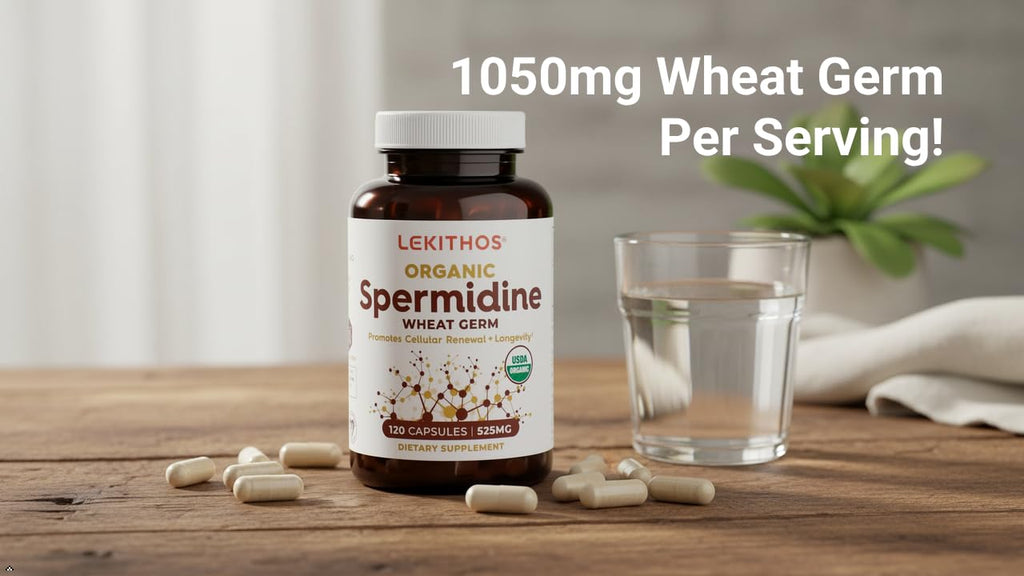 Lekithos Organic Spermidine Capsules | Organic Wheat Germ Extract | Promotes Cell Renewal, Better Aging | Thiamine, Zinc, Manganese | 1050mg Per Serving | USDA Organic, Vegan, Non-GMO | 120 Capsules
