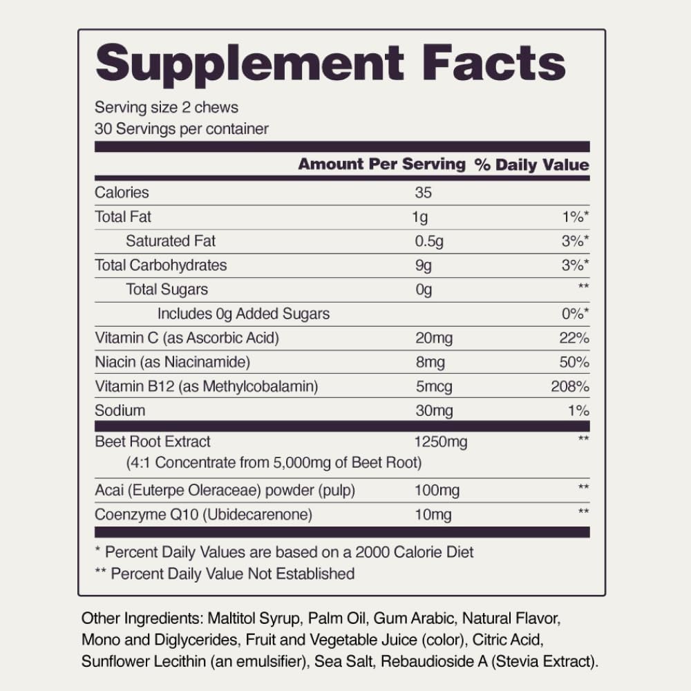 Snap Supplements Heart Beets Beet Root Soft Chews, Cardiovascular Support Supplement for Men & Women, CoQ10 & Acai, Energy & Circulation Support, Sugar Free, Mixed Berry, 60 Soft Chews