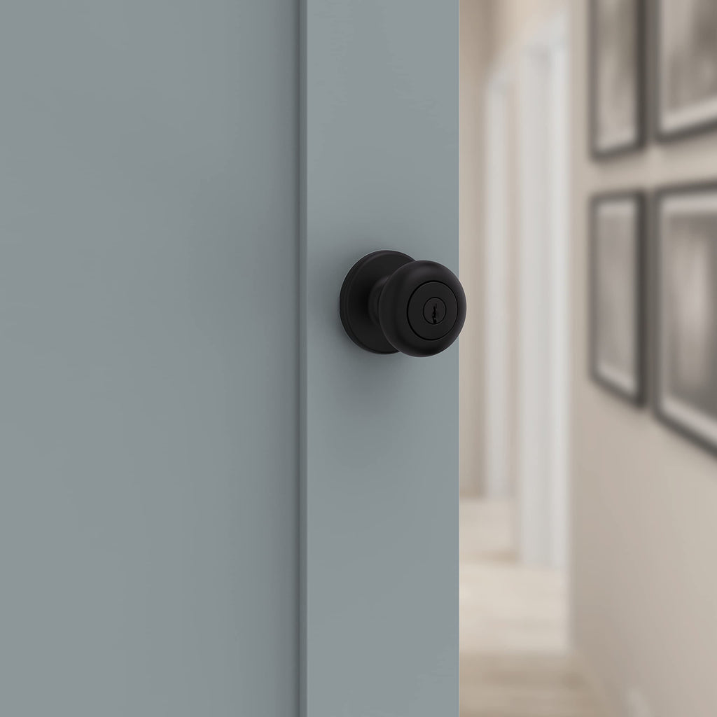 Kwikset Cove Entry Door Knob with Lock and Key, Secure Keyed Handle Exterior Doorknob, Front Entrance and Bedroom, Matte Black, Pick Resistant SmartKey Rekey Security