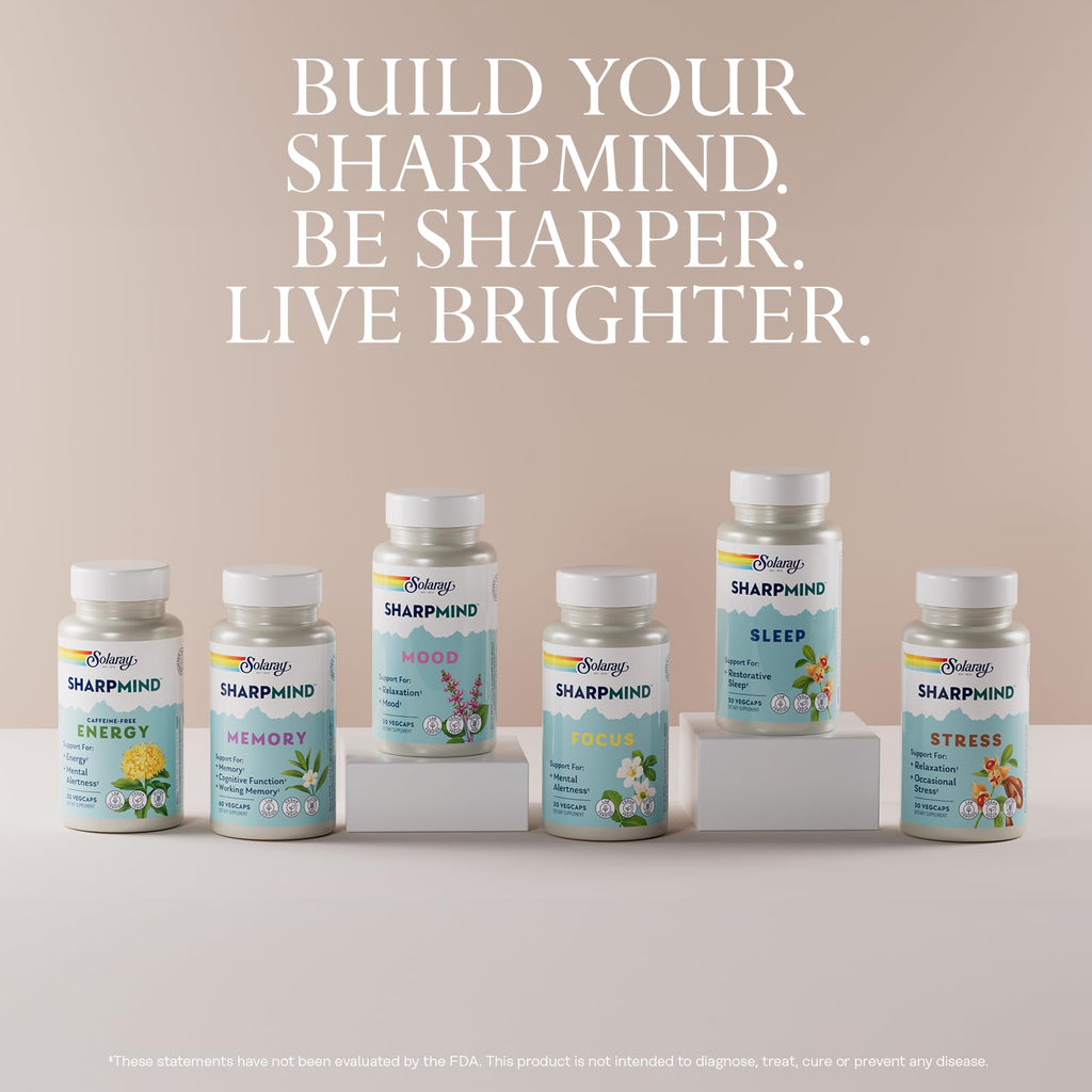SOLARAY SharpMind Memory Formula - Brain Supplements for Memory and Focus - Cognivia, Gotu Kola & Chaga Mushroom Supplement - Ginkgo Biloba Alternative - 60-Day Guarantee - 30 Servings, 60 VegCaps