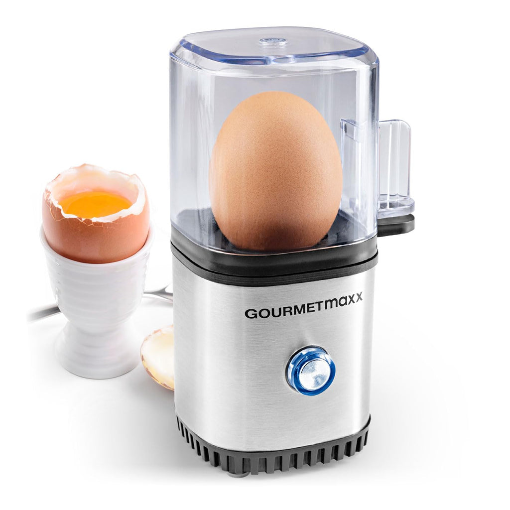 GOURMETmaxx Egg Cooker for 1 Egg | Energy Saving Electric Egg Cooker for Perfect Breakfast Eggs | With Measuring Bowl & Egg Pick | Compact Design & BPA Free [Stainless Steel]