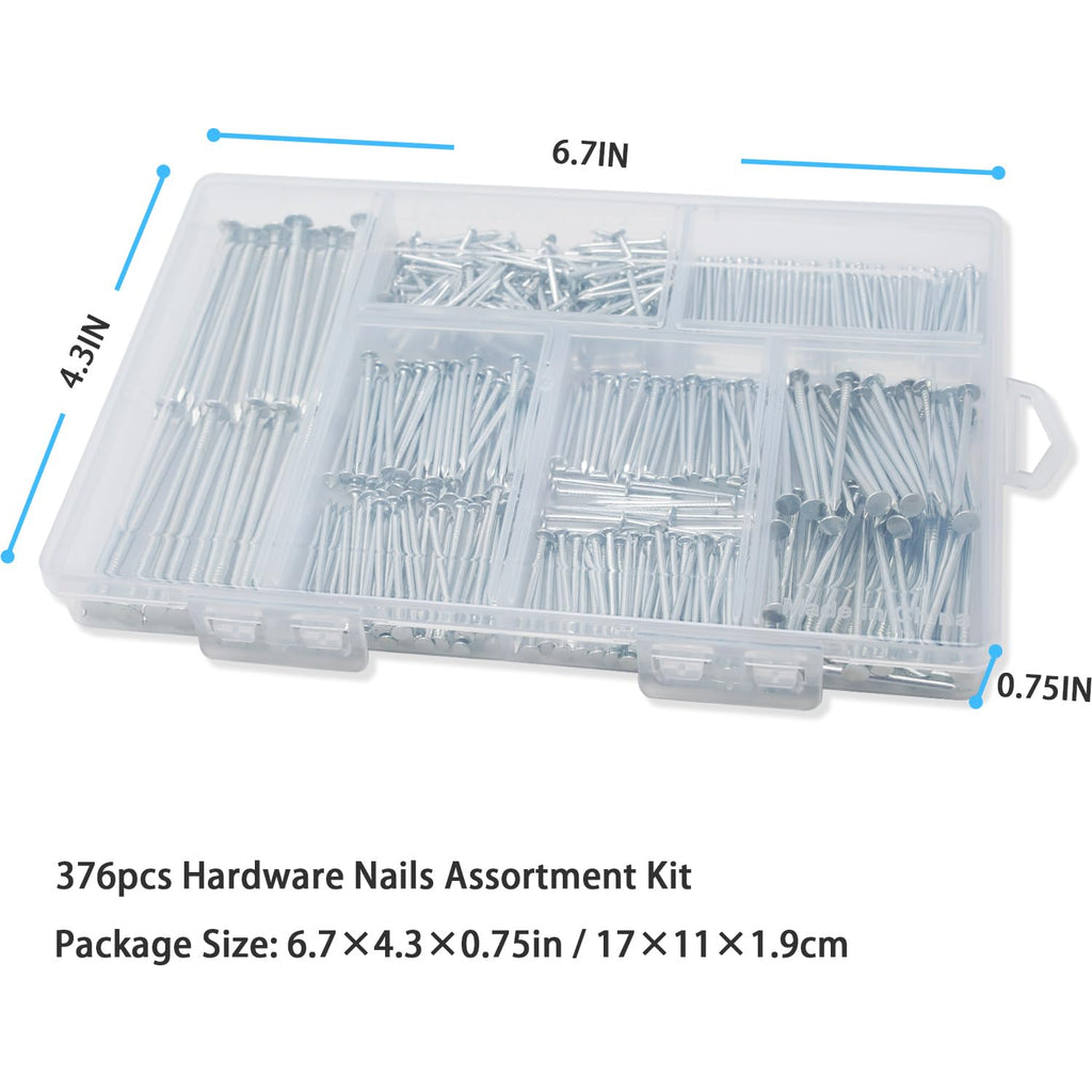 376PCS Galvanized Nails Kit with Storage Box, 6 Sizes for Hanging Pictures