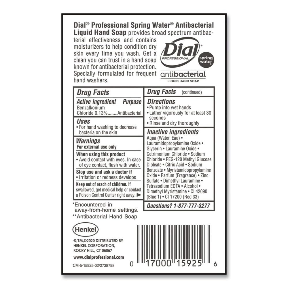 Dial 15926EA Antibacterial Liquid Hand Soap, Spring Water Scent, 1 gal Bottle