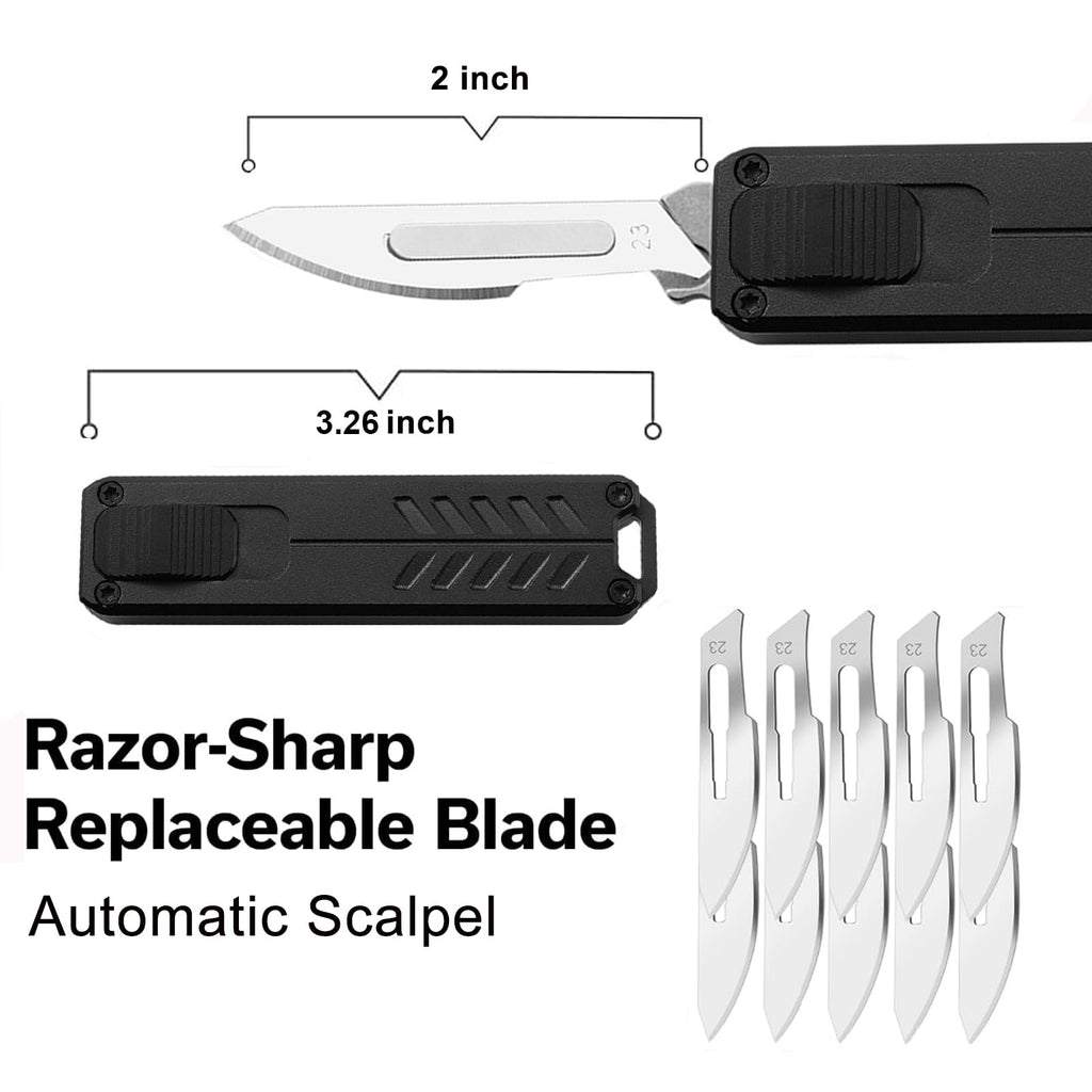 Caressolove Auto Retractable Utility Knife, Safety Black Automatic Box Cutter, Scalpel Pocket Knife, Push Button EDC Razor Knife with 10PCS #23 Blades