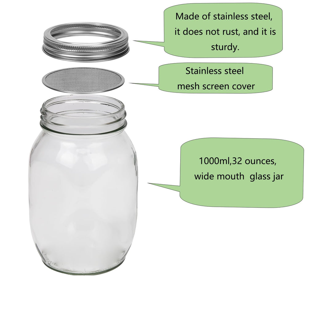 Toowood 2Pack Sprouting Kit,1000ml Sprouting Jar with Mesh Lids and Stands, Microgreens Sprouts Growing Kit, Broccoli Sprouts Seeds Sprouting Jars with Screen Lids,Blackout Sleeves, Tray