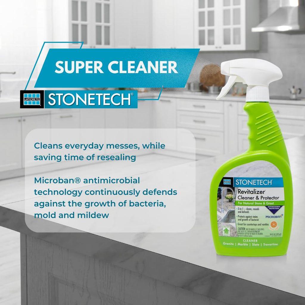 StoneTech Revitalizer Cleaner and Protector | Natural Stone Cleaner | Marble, Quartz, Granite Countertop Cleaner | 3-in-1 Cleans and Reseals | 2-Pack 24 oz Spray + Microfibers, Citrus Scent