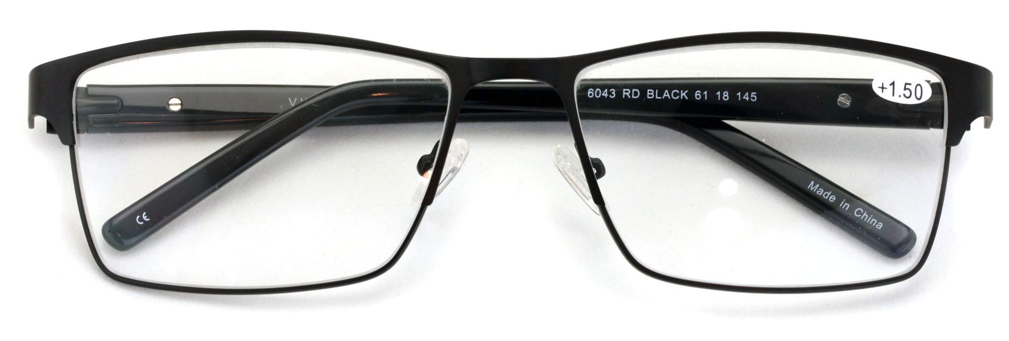 V.W.E. Men Premium Rectangle Metal with Plastic Temple Extra Large Reader - 152mm Wide Frame Reading Glasses (Black, 1.50)