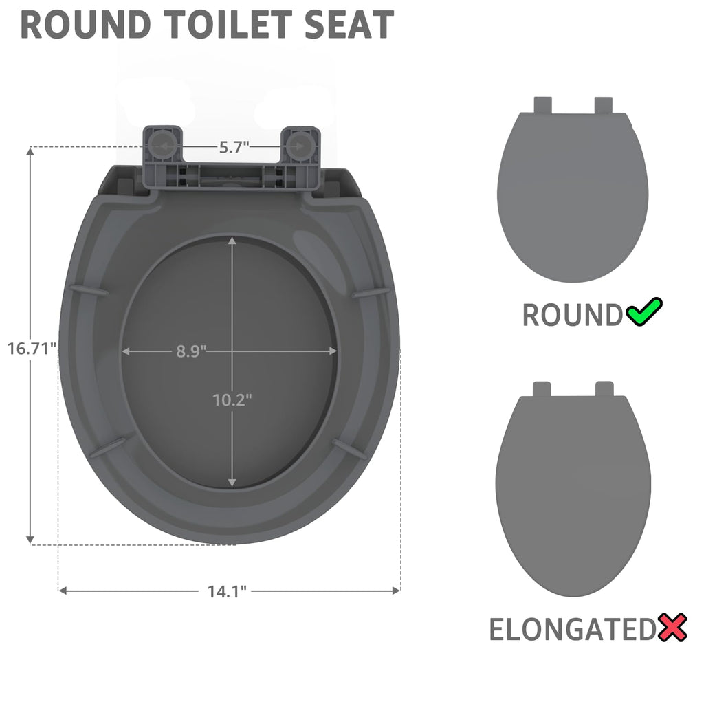 Huttdmel Round Toilet Seat 16.5 inch Soft Close, Toilet Lid Round PP Material Safe & Easy Clean & Quick Installation, Sturdy Accessories Never Loosen, 2 Years Support, Grey