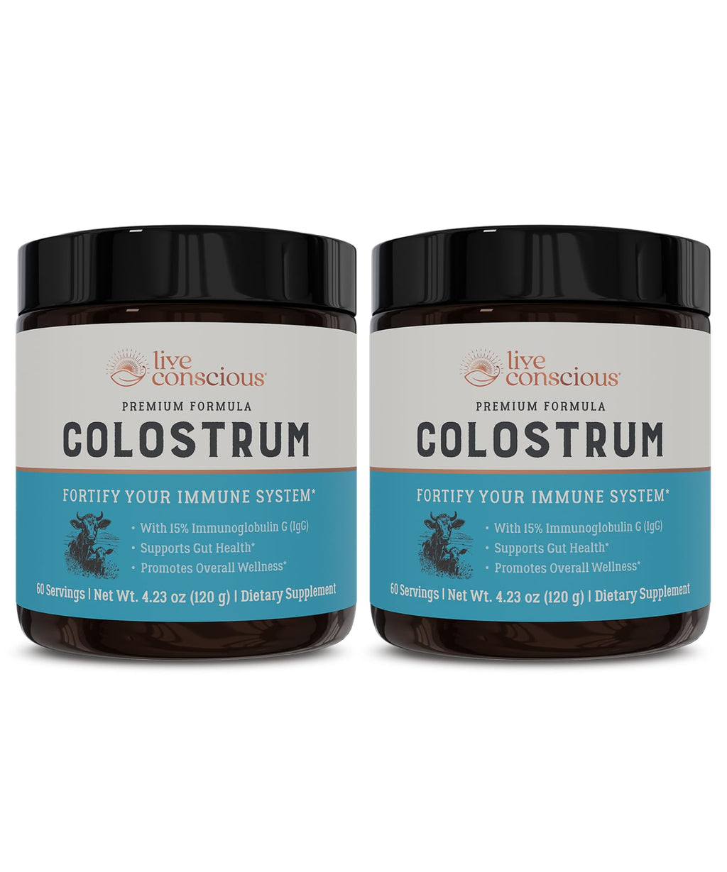 Live Conscious Colostrum Powder - Grass Fed Bovine Colostrum Supplement with Lactoferrin for Iron Absorption - Immune System Supplement (2-Pack)