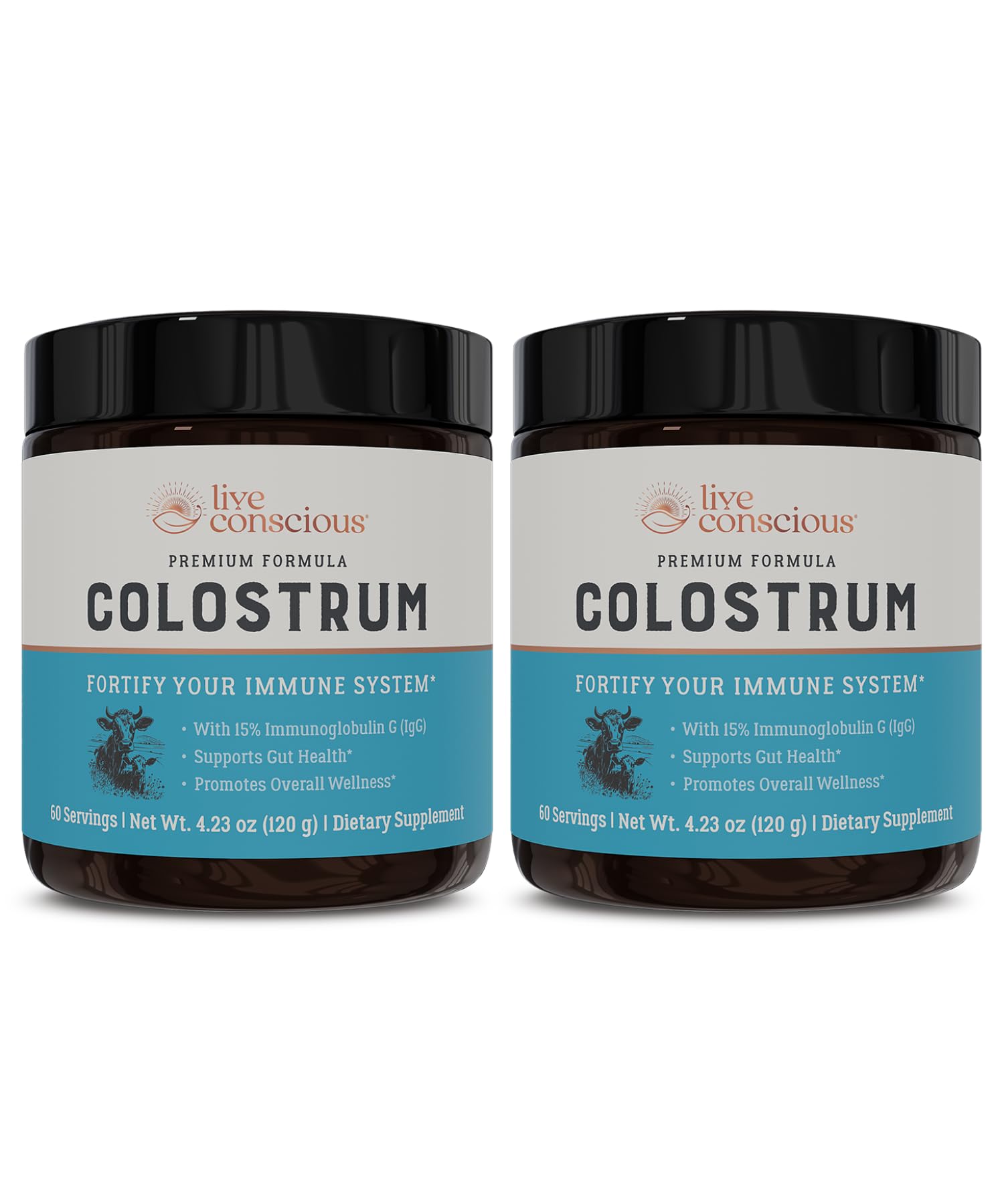 Live Conscious Colostrum Powder - Grass Fed Bovine Colostrum Supplement with Lactoferrin for Iron Absorption - Immune System Supplement (2-Pack)