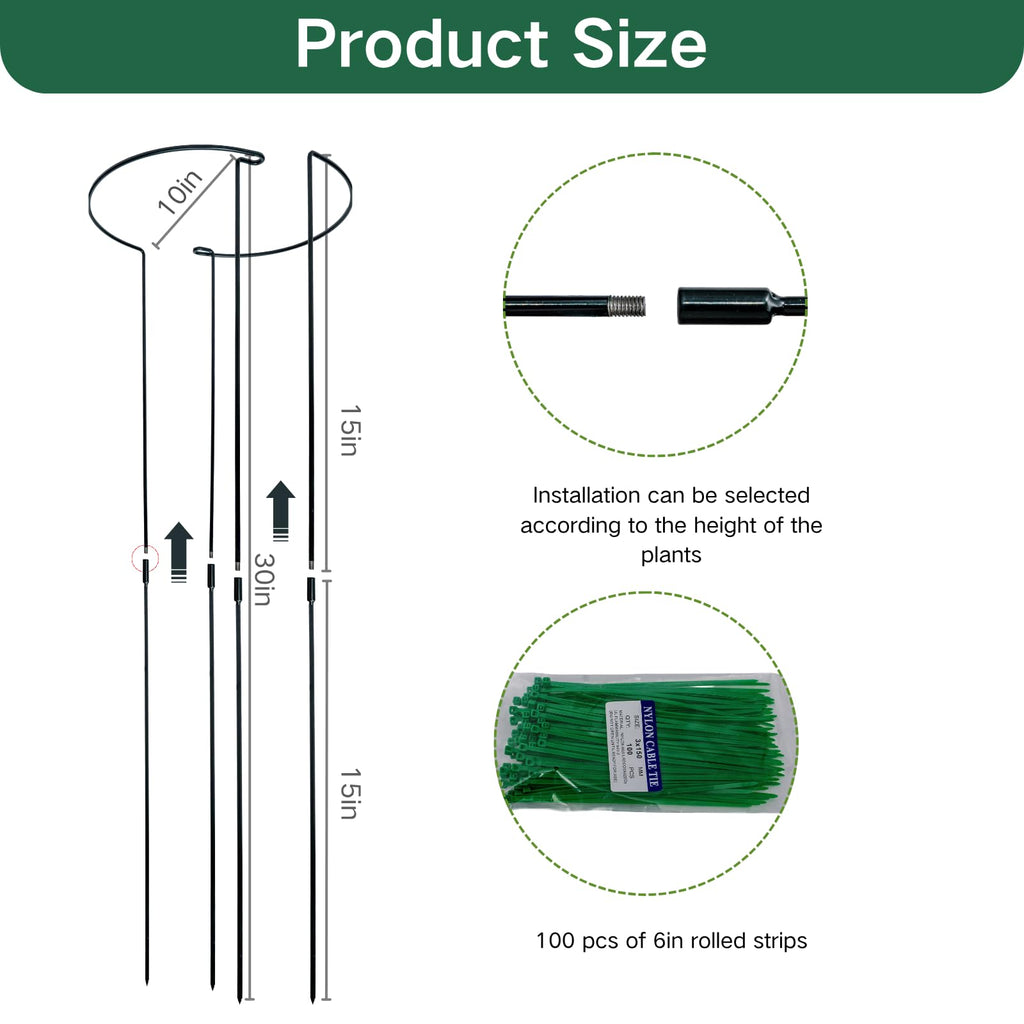 Tiuire 24in Tall Heavy-Duty Plant Support Stakes, 6 Pack Adjustable Peony Cages & Supports for Outdoor Plants, Large Garden Plant Stakes for Peony, Tomato