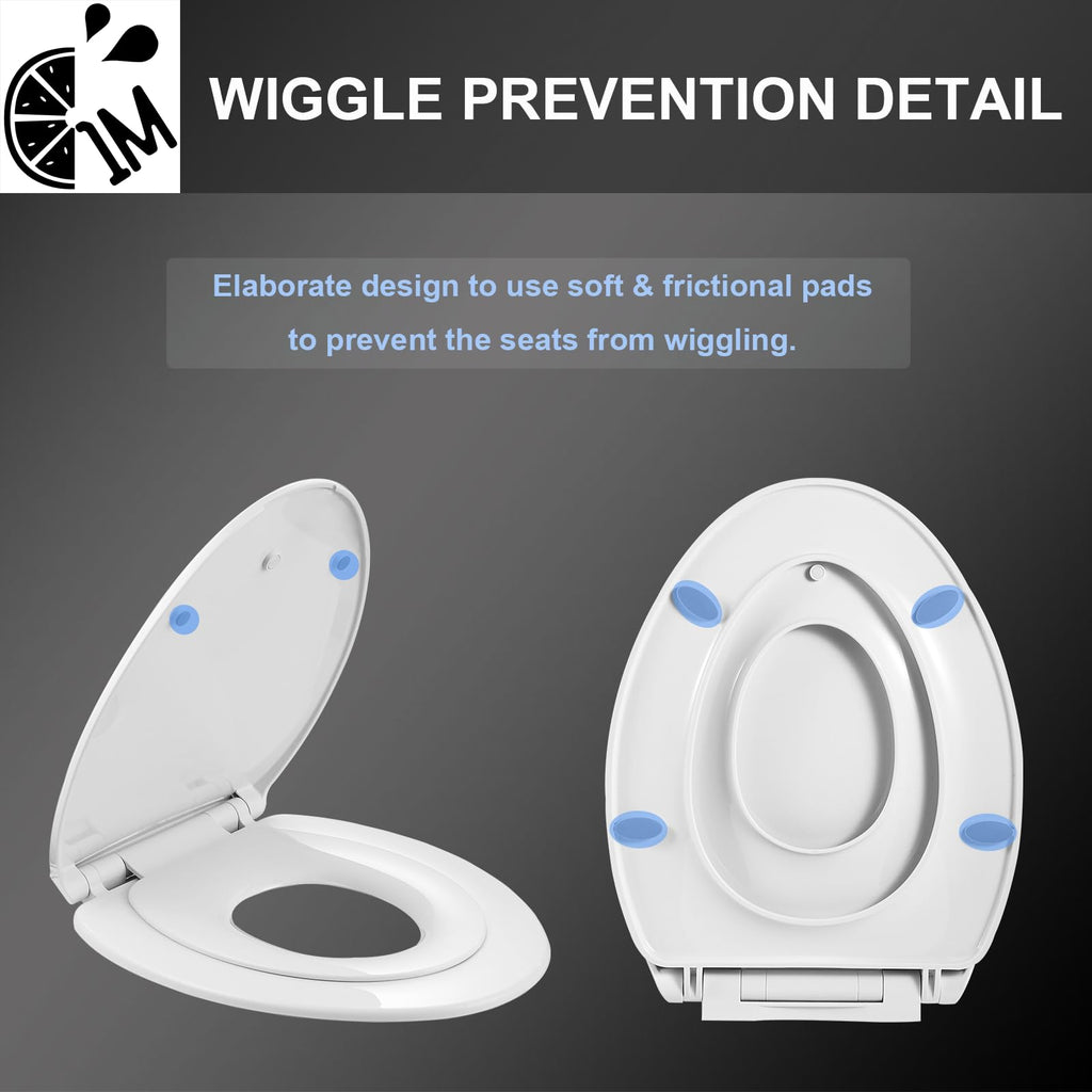 1M Family Toilet Seat, Patented Slow Close & Quick Releasing Technology, Anti-Wiggling, Easy to Install and Clean, Standard Elongated with Toddler Seat Built In (1 Piece)