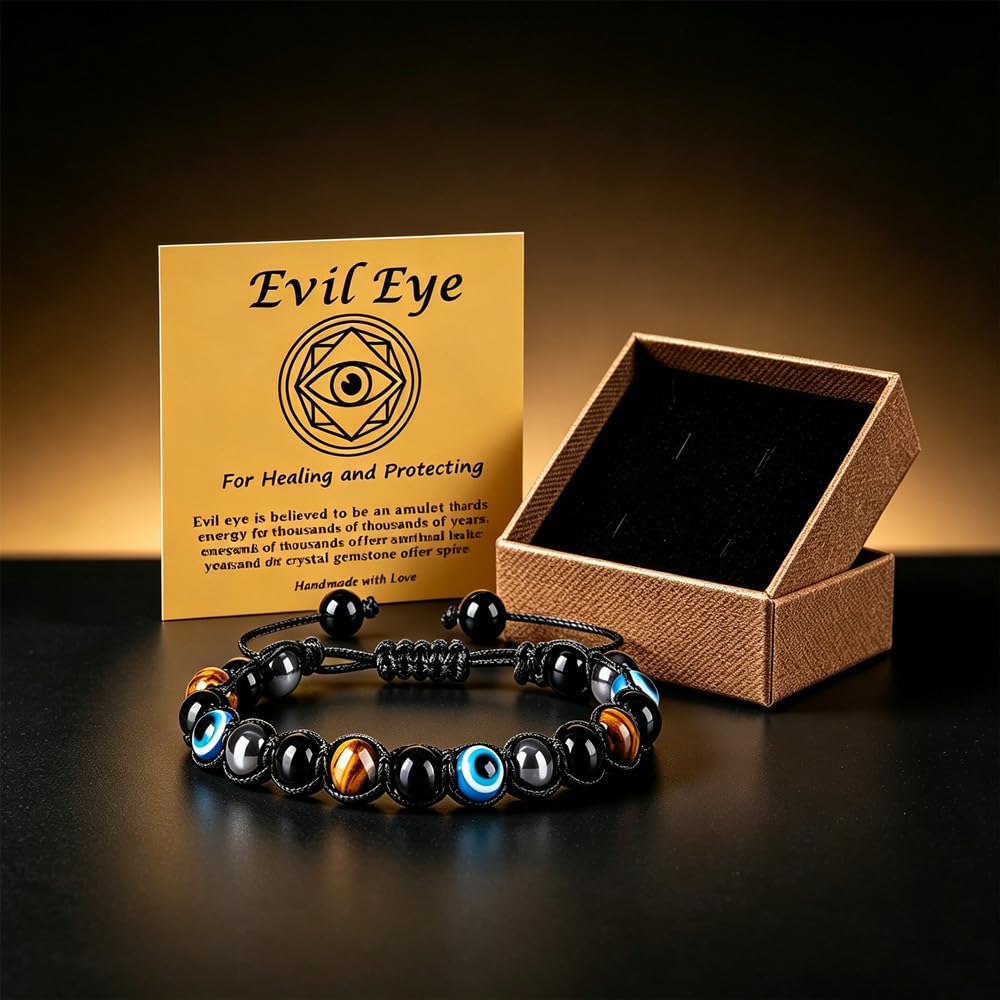 Evil Eye Bracelets for Mens Women,Mens Hematite Bracelets,Tiger Eye Bracelet for Men,Black Tourmaline Bracelet,Mens Beaded Jewelry