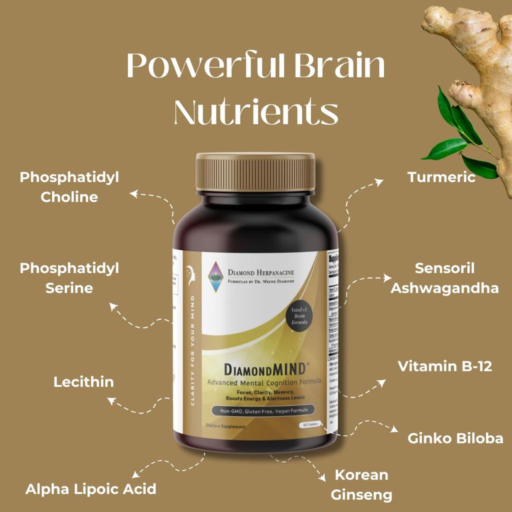 DiamondMIND Brain Support Supplement - Natural Formula for Mental Energy & Cognitive Function - Focus, Clarity, and Memory Supplement - Less Mental Stress - Vegan, Gluten-Free, Dairy-Free - (60 Count)