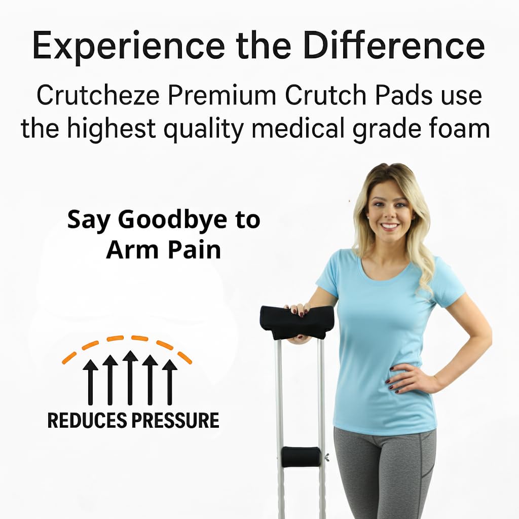 Crutch Pads & Hand Grip Covers for Underarm Crutches – Comfortable Soft Cushion Set, Breathable & Washable – Armpit & Handle Padding Crutch Accessories for Adults – Crutcheze – Black