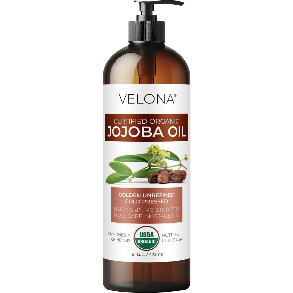 velona Jojoba Oil USDA Certified Organic - 16 fl oz (With Pump) | 100% Pure and Natural | Golden, Unrefined, Cold Pressed, Hexane Free | Moisturizing Face, Hair, Body, Skin Care
