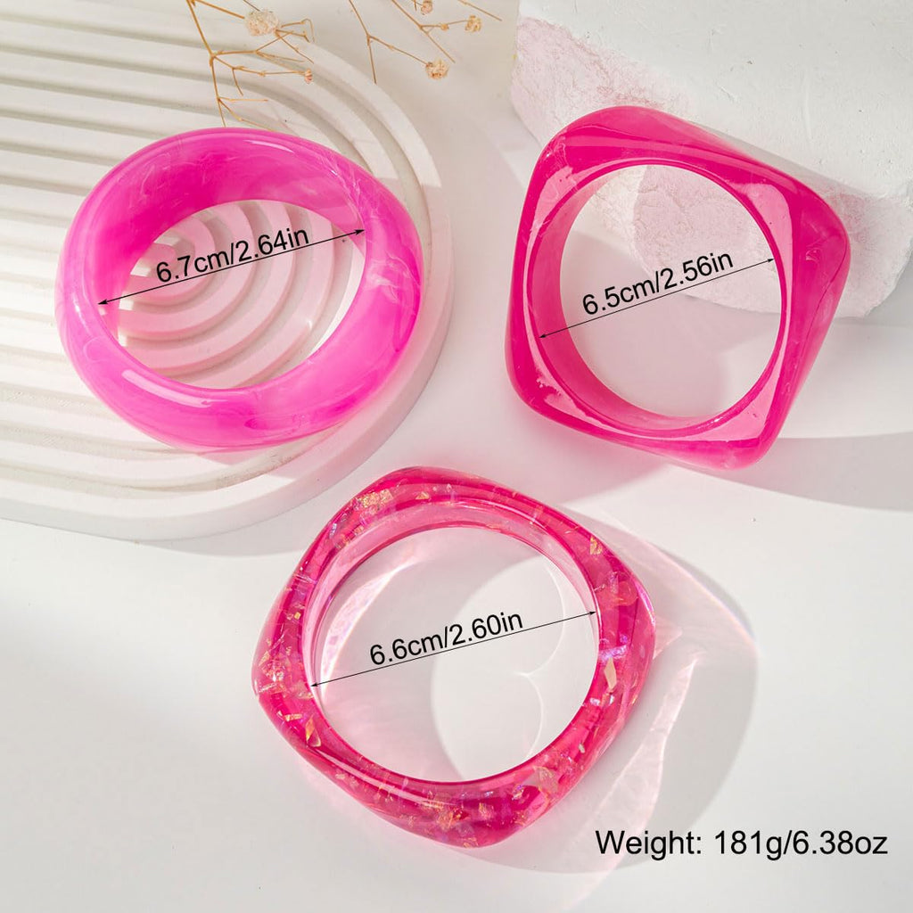 3PCS/Set Chunky Acrylic Resin Bangles Bracelets for Women, Irregular Geometric Designs, Fashion Thick Fuchsia Statement Stackable Bangle Set, Cute Trendy Jewelry, Summer Boho Bracelet Jewelry Gifts (Rose Red)