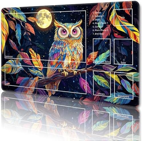 MTG Playmat with Zones Magic Card Playmat Game Mat,TCG & CCG Card Games Mat with Free Storage Bags Size 24 x 14 Inches (with Zones,Owl)