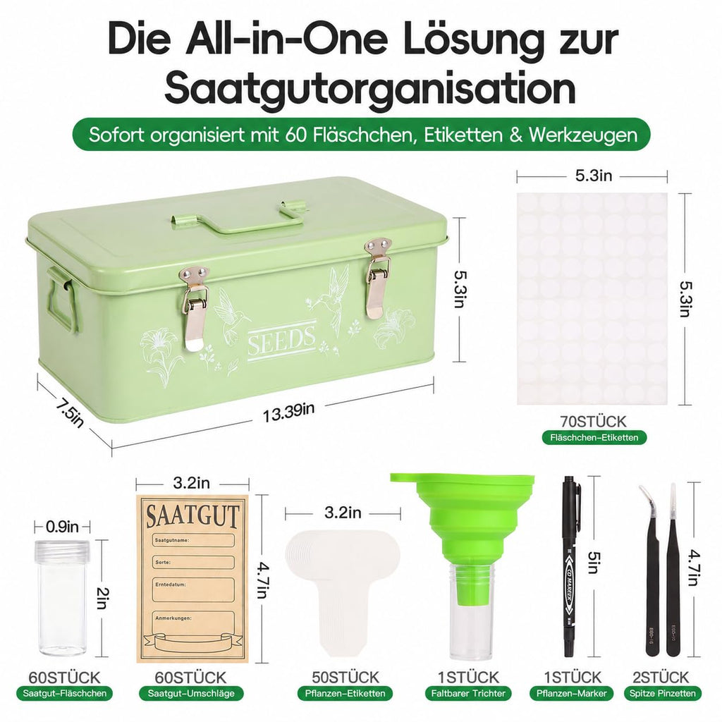 60 Slots Seed Organizer Storage Box with 3 Compartments,Large Metal Garden Seed Organizer with Lid&Safety Locks,Seed Saver Bin 50 Plant Labels 60 Seed Envelopes,Professional All-In-One Seed Saving Kit