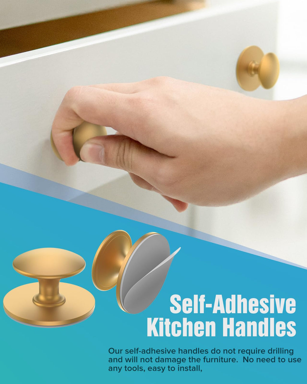 MeBantoo 10 Pack Gold Self-Adhesive Cabinet Knobs, Self-Stick Hardware Kitchen Cabinet Handles, No-Punch Peel and Stick Drawer Knobs for Refrigerators, Dressers, Windows, Closets