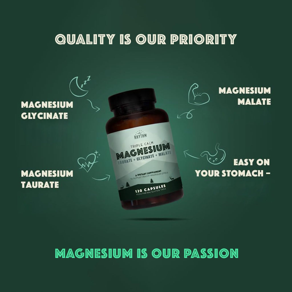 Natural Rhythm Triple Calm Magnesium 150 mg – 120 Capsules – Magnesium Complex Compound Supplement with Glycinate, Malate, and Taurate to Support Muscle, Nerve, and Cardiovascular Health