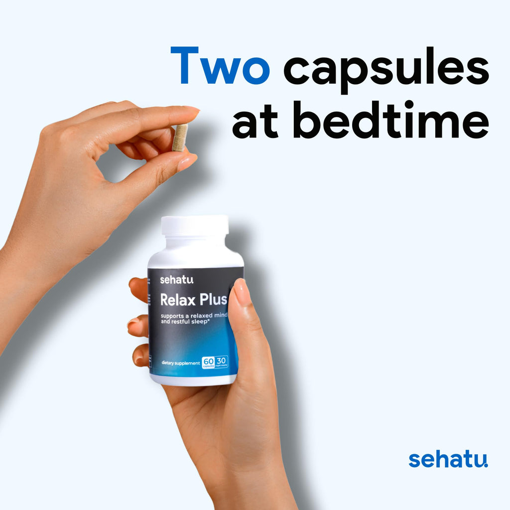 SEHATU Relax Plus Stress Relief Supplement | with GABA, L-Theanine, Ashwagandha, Valerian Root | Supports A Relaxed Mood and Restful Sleep | 60 Count | 30 Day Supply