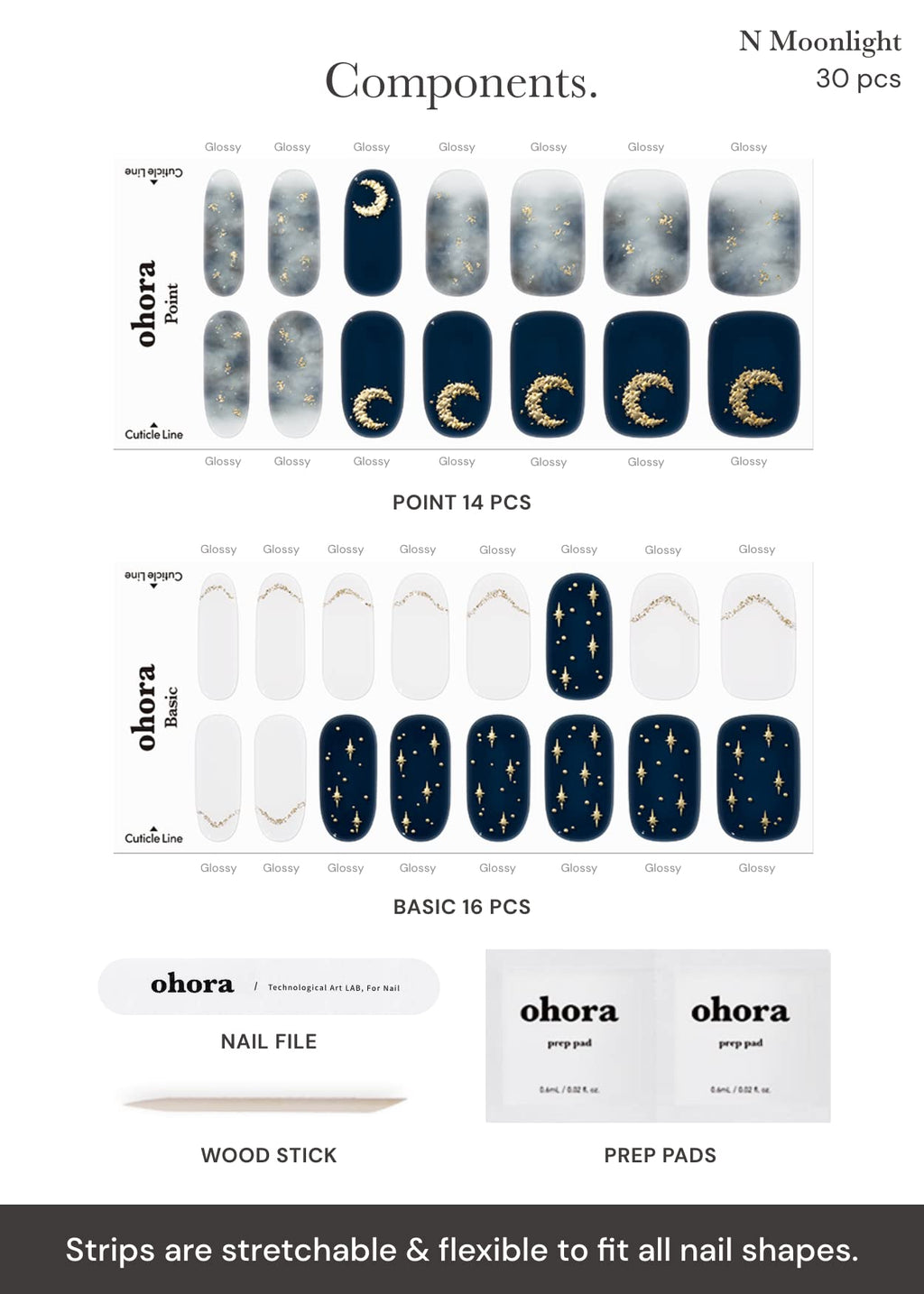 ohora Semi Cured Gel Nail Strips (N Moonlight) - Halloween Nails, Salon-Quality, Works with Any Lamps, Long Lasting, Easy to Apply & Remove - Includes 2 Prep Pads, Nail File & Wooden Stick