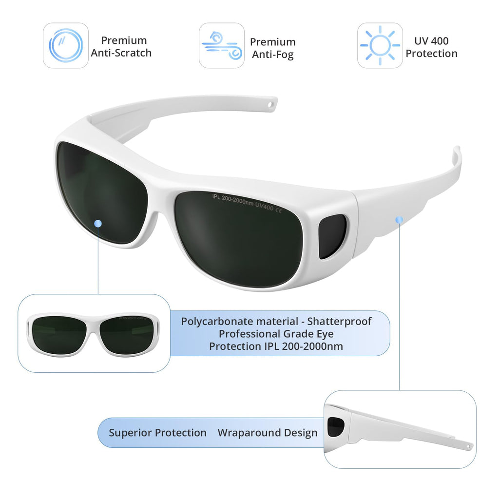 LPSAFP IPL Laser Safety Glasses ANSI Z87.1 Certified - 200-2000nm Protective Goggles for Laser Hair Removal, Cosmetology & Medical Aesthetics - UV400 Protection, Lightweight Frame (White)