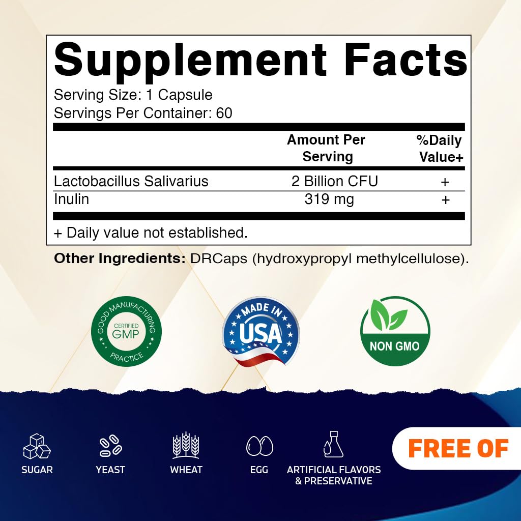 Vitamatic Lactobacillus Salivarius 2 Billion per DR Capsule - 60 Count - Digestive Support - Made with Prebiotic Inulin Fiber (2 Bottles)