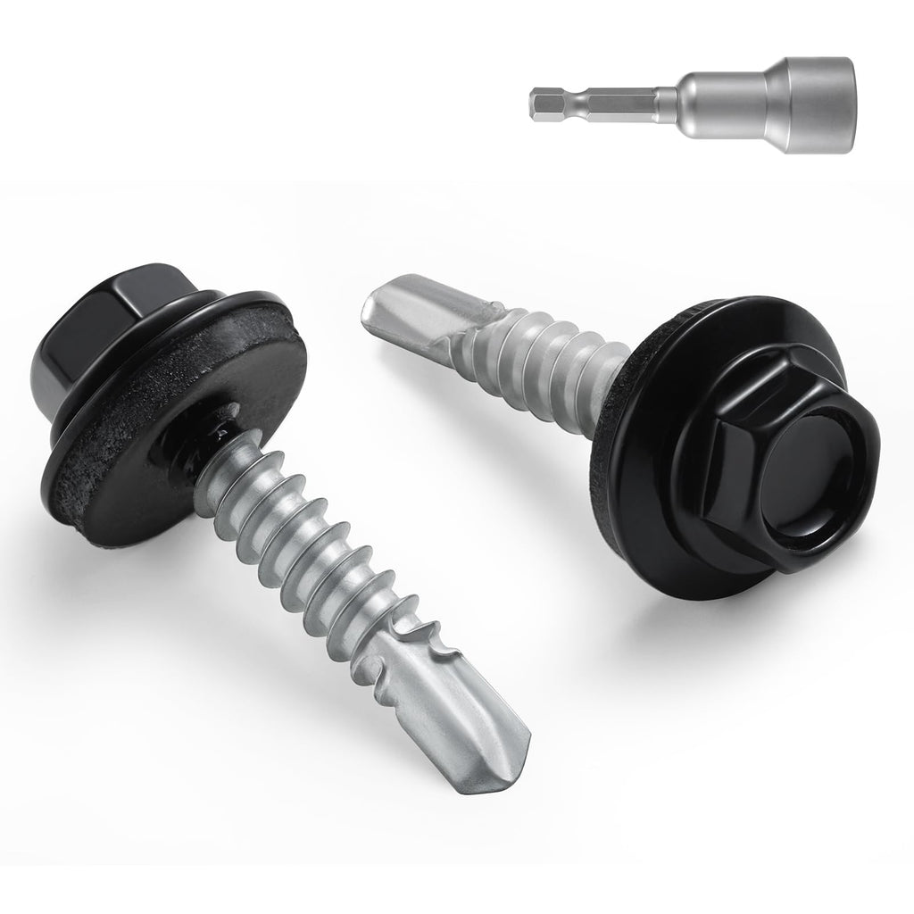 BNUOK #10 x 1 in Self-Drilling Metal Roofing Screws,Sheet Metal Roof Screw,EPDM Washer,Black Hex Head,with Hex Driver Bit(3LBs,304Pcs)