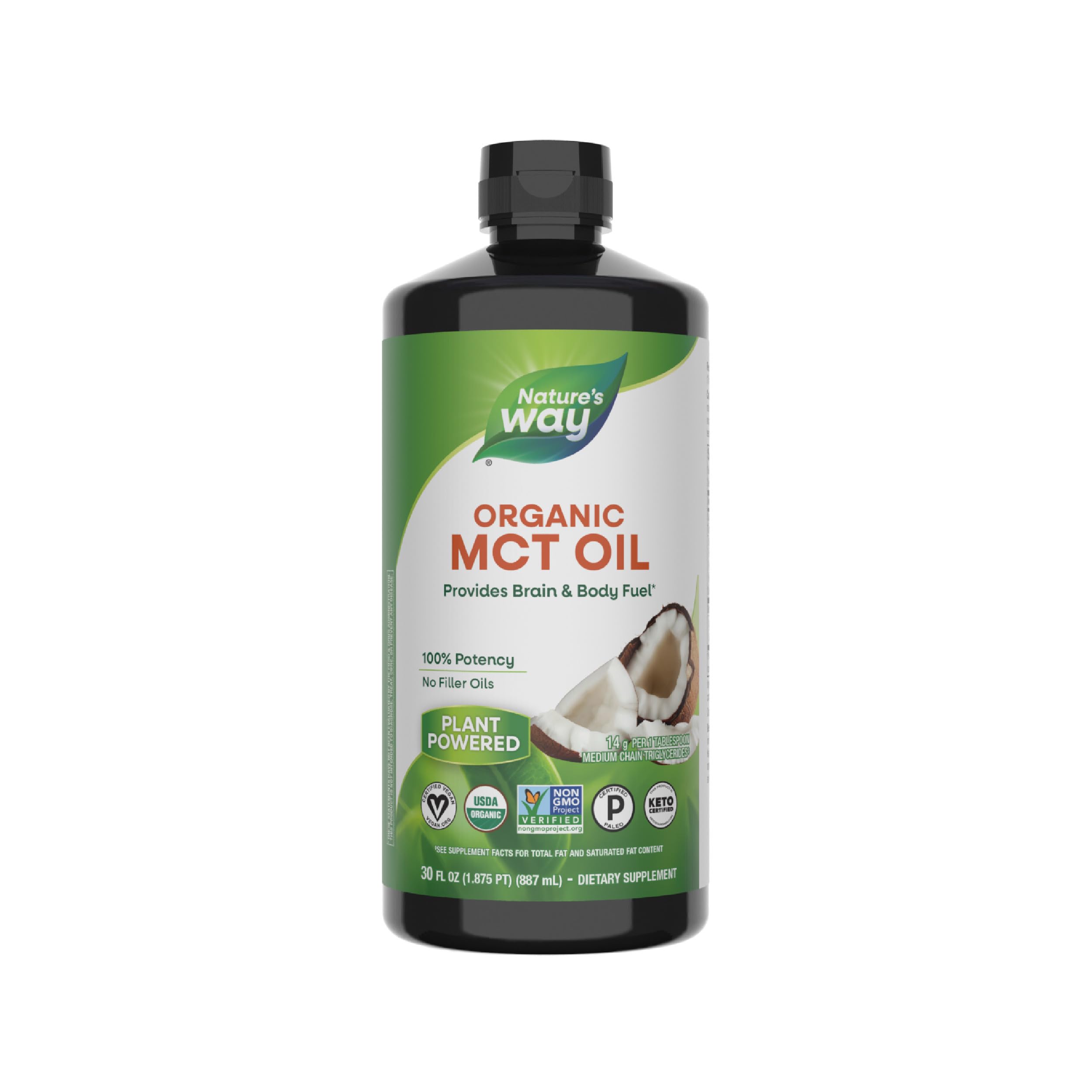 Nature's Way Organic MCT Oil, 30 Fl Oz, Brain and Body Fuel from Coconuts*, C8 Caprylic Acid and C10 Capric Acid, Keto and Paleo Certified, Organic, Non-GMO Project Verified
