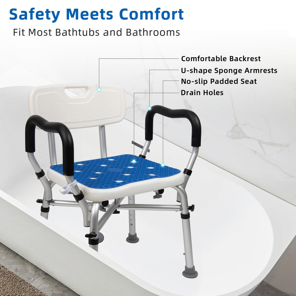 Shower Chair for Inside Shower 500lbs - Bariatric Shower Seat with Arms & Back, 6 Height Adjustment & Reinforced Crossbars for Elderly/Disabled Adults, Blue