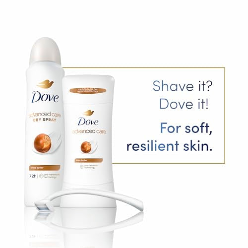 Dove Advanced Care Antiperspirant Deodorant Stick Shea Butter 4 ct with Pro ceramide technology for helping skin barrier repair after shaving 72 hour odor control sweat protection stick 2.6 oz