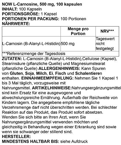 NOW Foods Supplements, L-Carnosine (Beta-Alanyl-L-Histidine) 500 mg, Healthy Aging, 100 Veg Capsules,(Pack of 2)