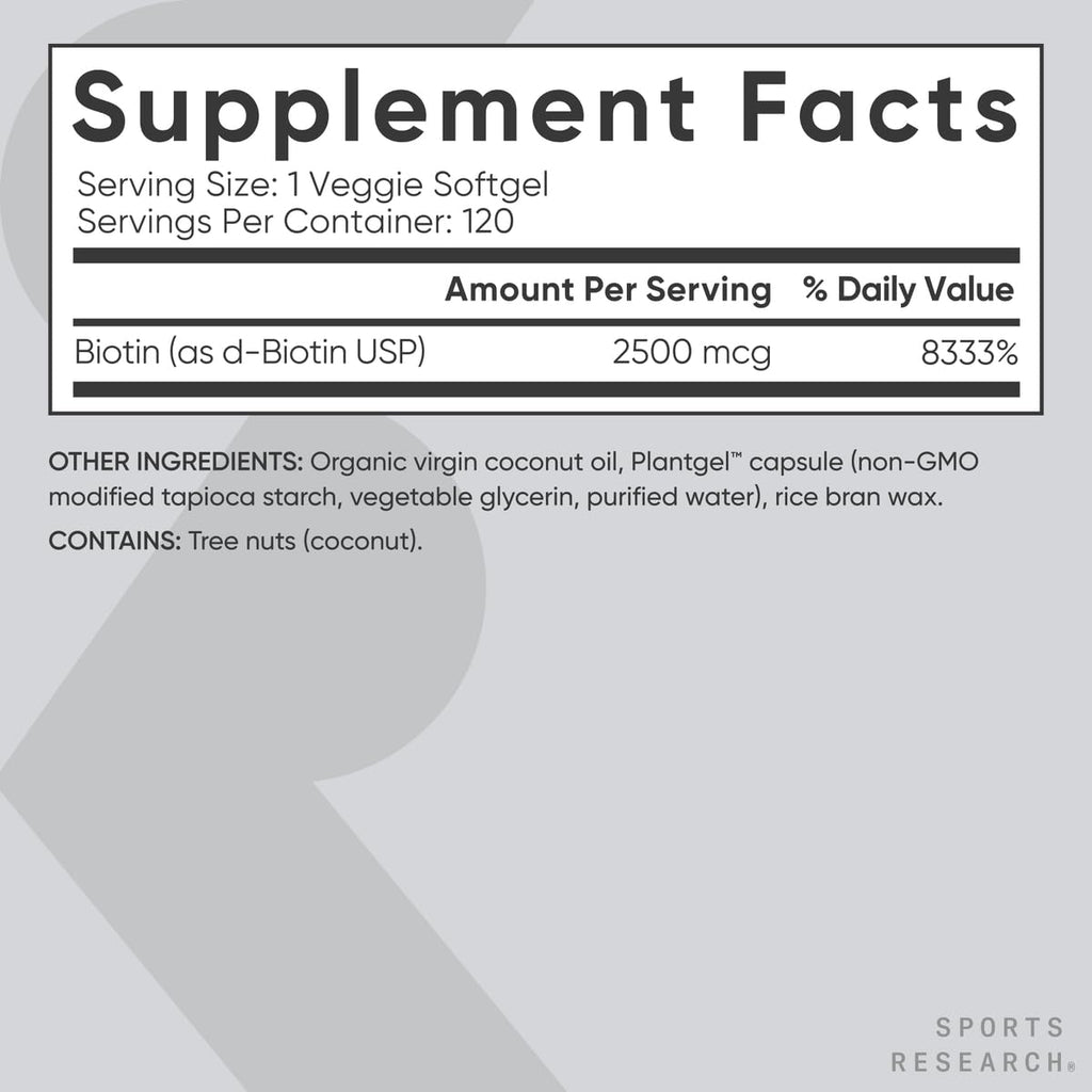 Sports Research® Biotin 2,500mcg with Organic Coconut Oil - Biotin (Vitamin B7) for Healthy Skin and Hair Support* - for Women and Men - Vegan, Non-GMO, Gluten & Soy-Free - 120 Veggie Softgels